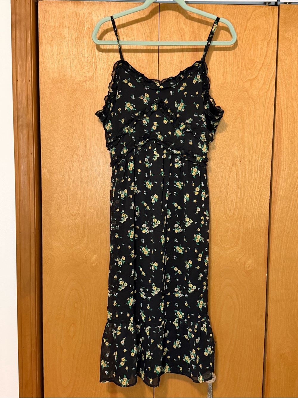 No Boundaries Black Floral Maxi Dress with Ruffle Trim